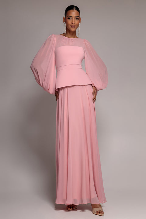 Bishop Sleeve Peplum Top Scuba Crepe And Chiffon Maxi Dress - Blush Pink by Goddiva