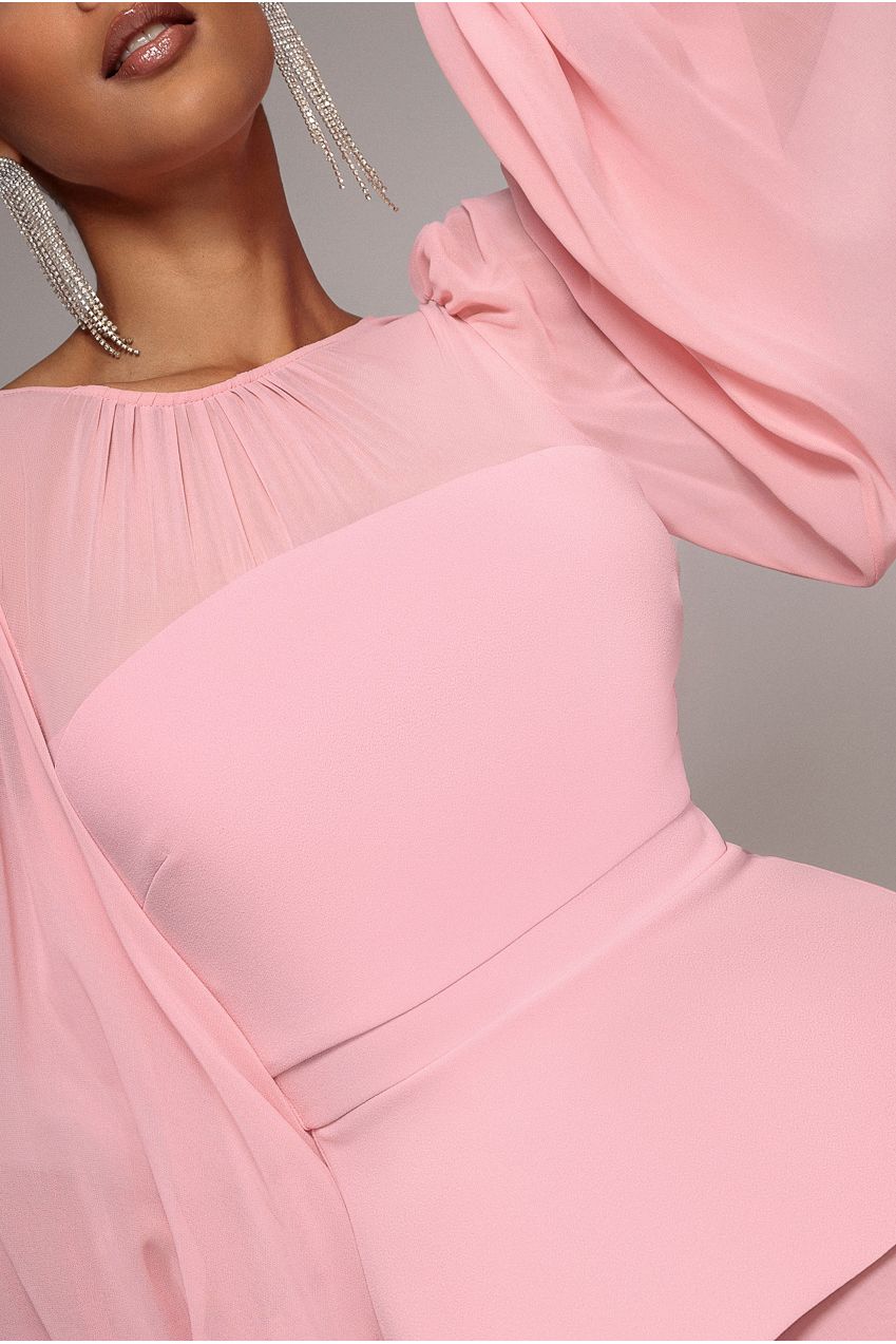 Bishop Sleeve Peplum Top Scuba Crepe And Chiffon Maxi Dress - Blush Pink DR4916