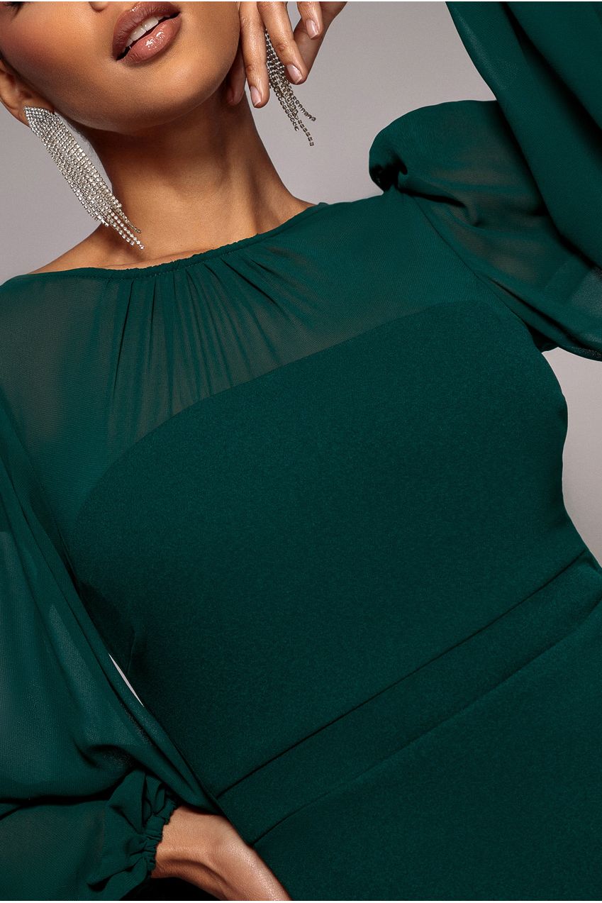 Bishop Sleeve Peplum Top Scuba Crepe And Chiffon Maxi Dress - Emerald Green DR4916