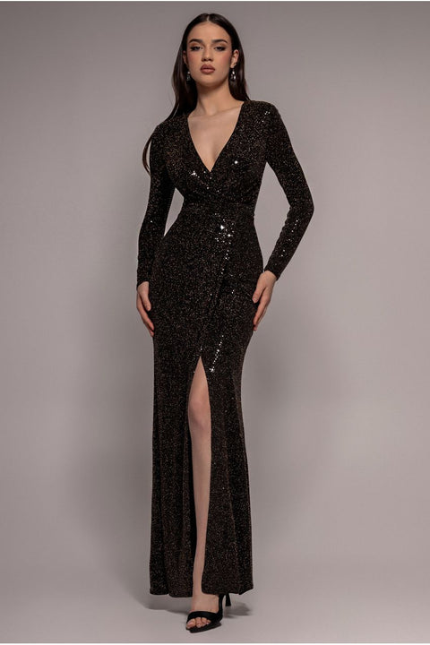 Sequin Glitter Lurex Long Sleeve Wrap Maxi Dress - Black by Goddiva