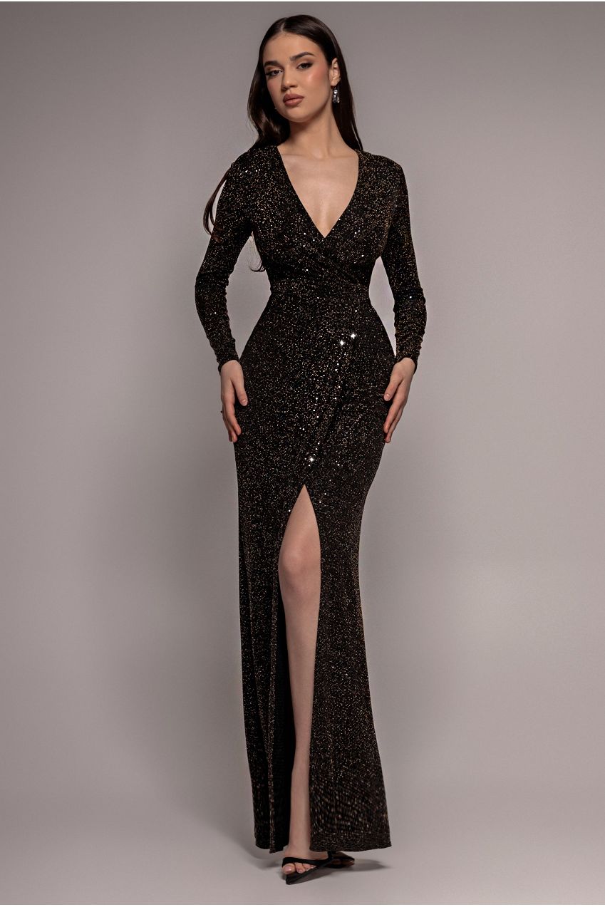 Sequin Glitter Lurex Long Sleeve Wrap Maxi Dress - Black DR4917