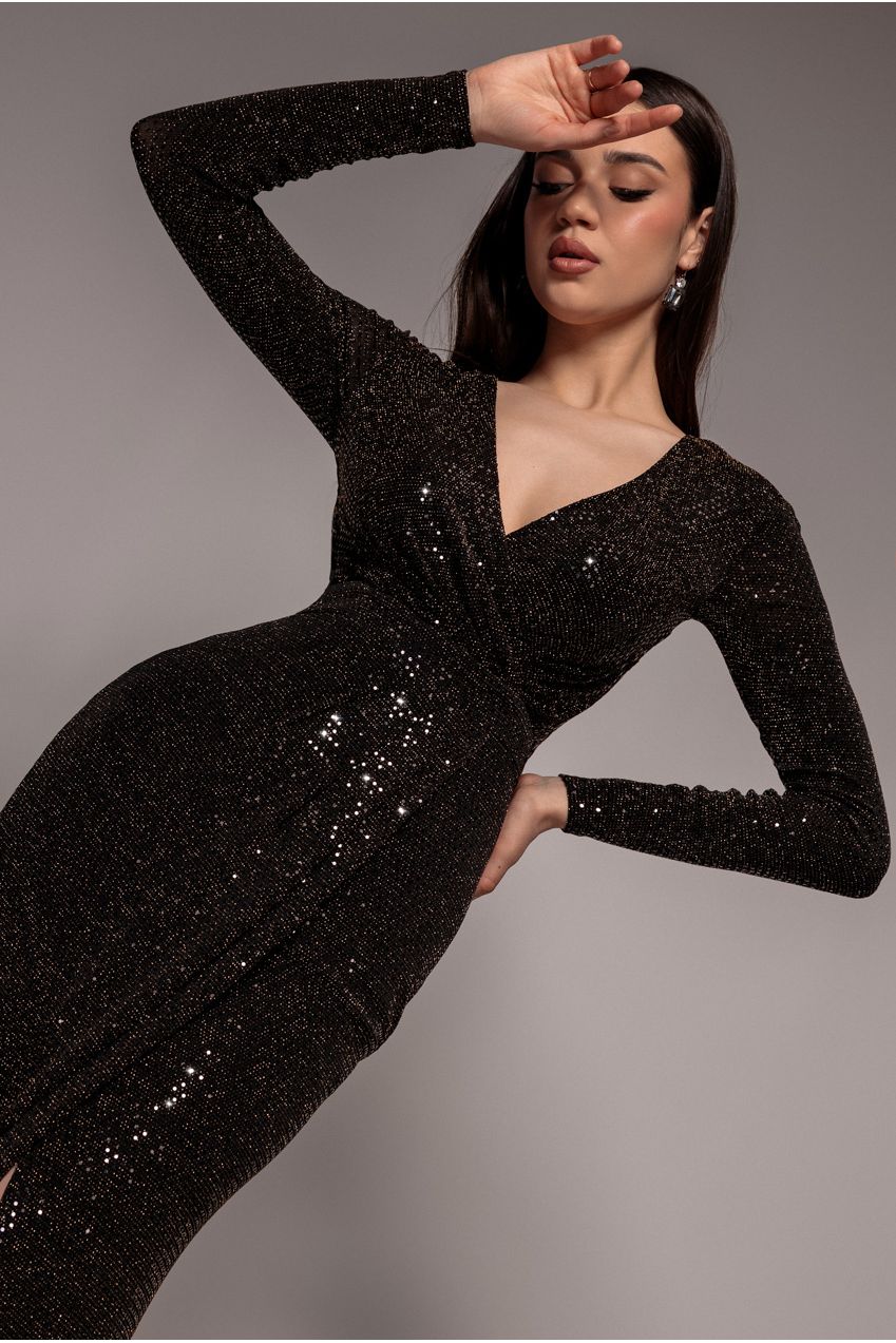 Sequin Glitter Lurex Long Sleeve Wrap Maxi Dress - Black DR4917