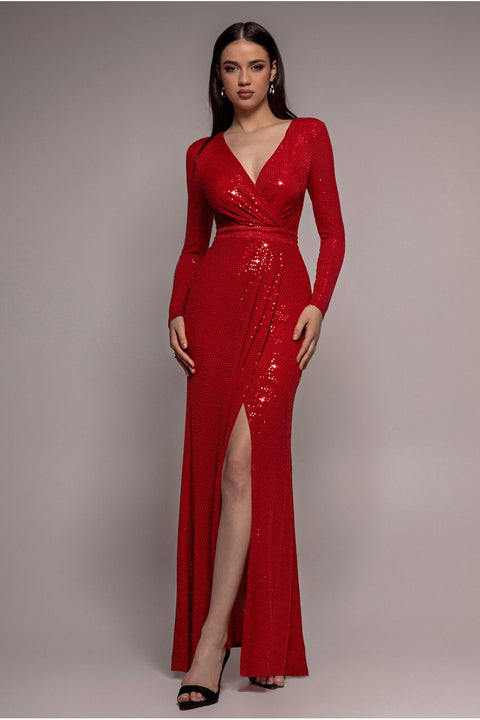 Sequin Glitter Lurex Long Sleeve Wrap Maxi Dress - Red by Goddiva