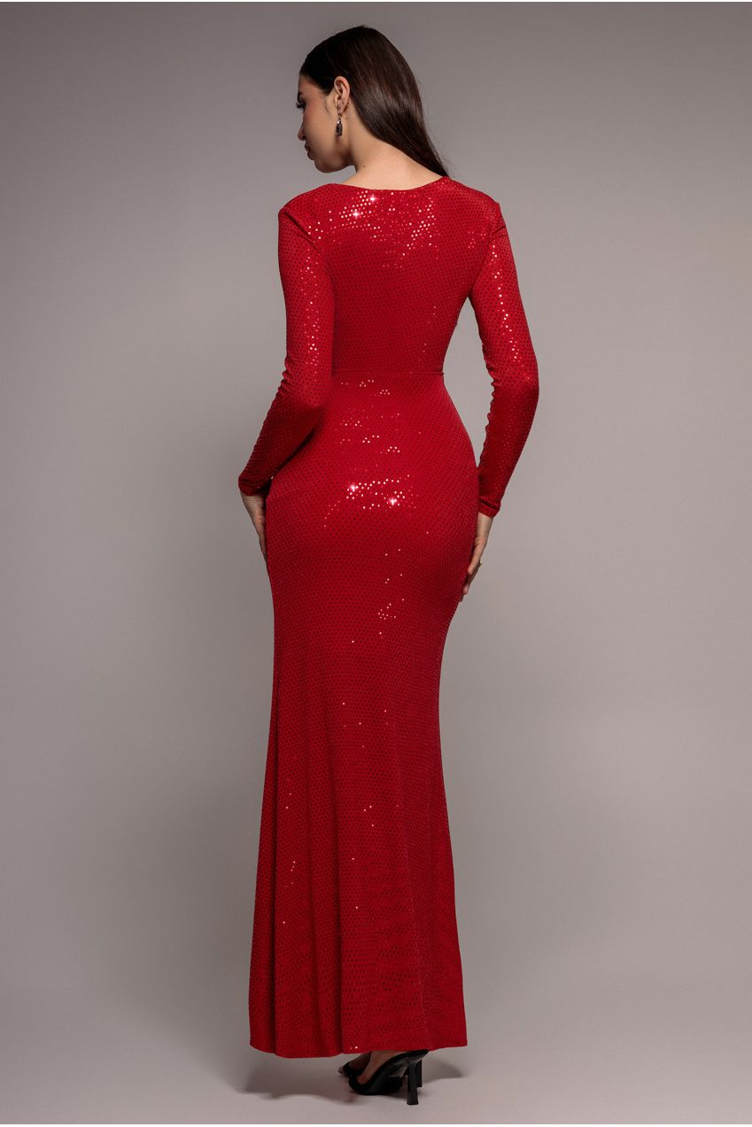 Sequin Glitter Lurex Long Sleeve Wrap Maxi Dress - Red DR4917