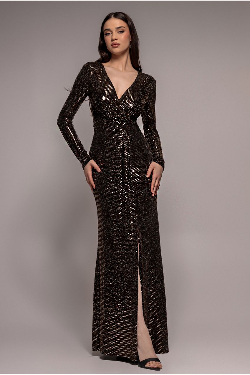 Sequin Glitter Lurex Long Sleeve Wrap Maxi Dress - Rose Gold DR4917