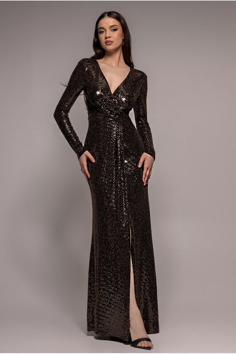 Sequin Glitter Lurex Long Sleeve Wrap Maxi Dress - Rose Gold by Goddiva