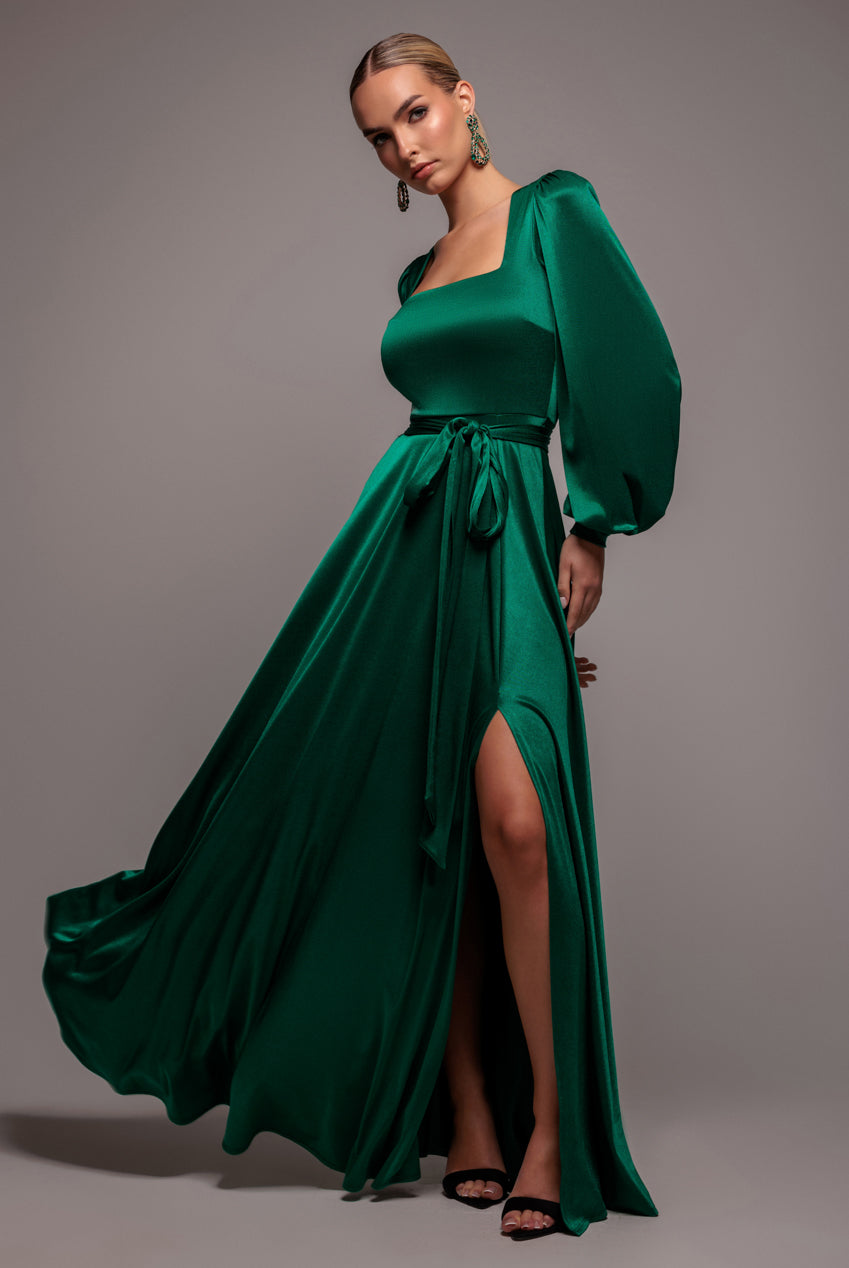 Satin Square Neck Bishop Sleeve A Line Maxi Dress - Emerald Green DR4919BR