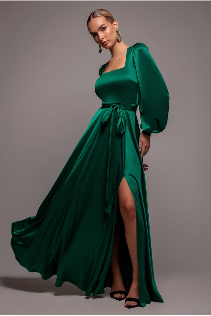 Satin Square Neck Bishop Sleeve A Line Maxi Dress - Emerald Green DR4919BR
