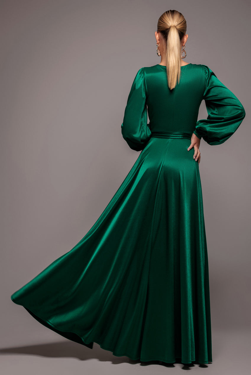Satin Square Neck Bishop Sleeve A Line Maxi Dress - Emerald Green DR4919BR