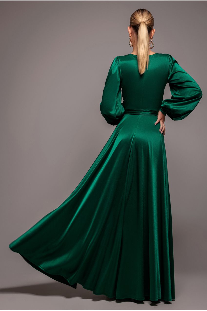 Satin Square Neck Bishop Sleeve A Line Maxi Dress - Emerald Green DR4919BR