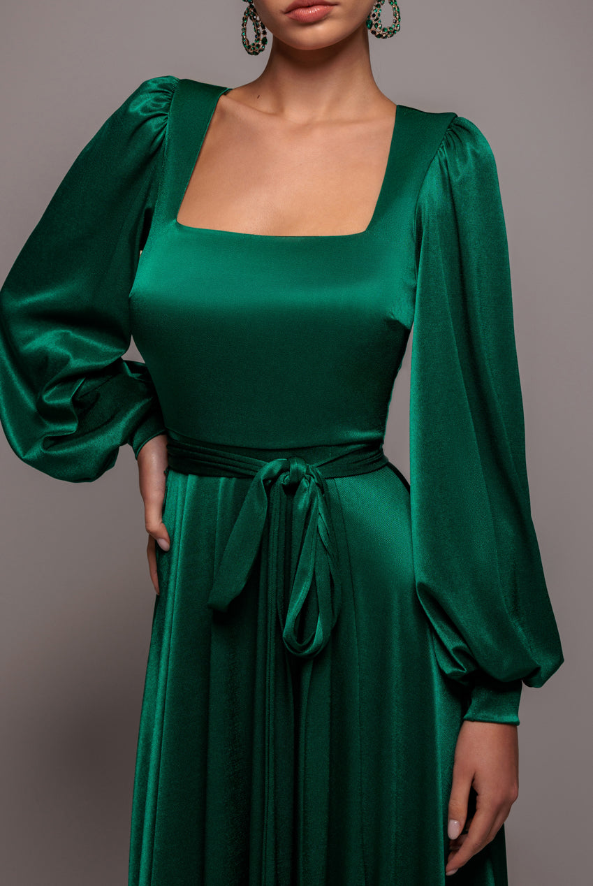 Satin Square Neck Bishop Sleeve A Line Maxi Dress - Emerald Green DR4919BR
