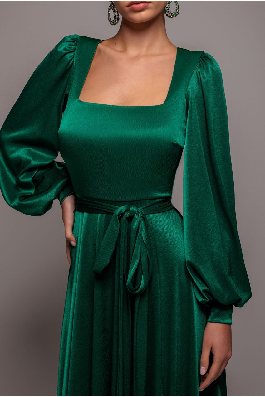 Satin Square Neck Bishop Sleeve A Line Maxi Dress - Emerald Green DR4919BR
