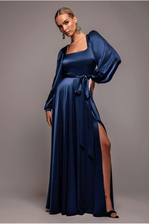 Satin Square Neck Bishop Sleeve A Line Maxi Dress - Navy Blue by Goddiva