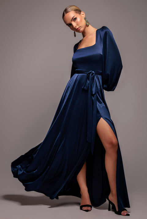 Satin Square Neck Bishop Sleeve A Line Maxi Dress - Navy Blue by Goddiva