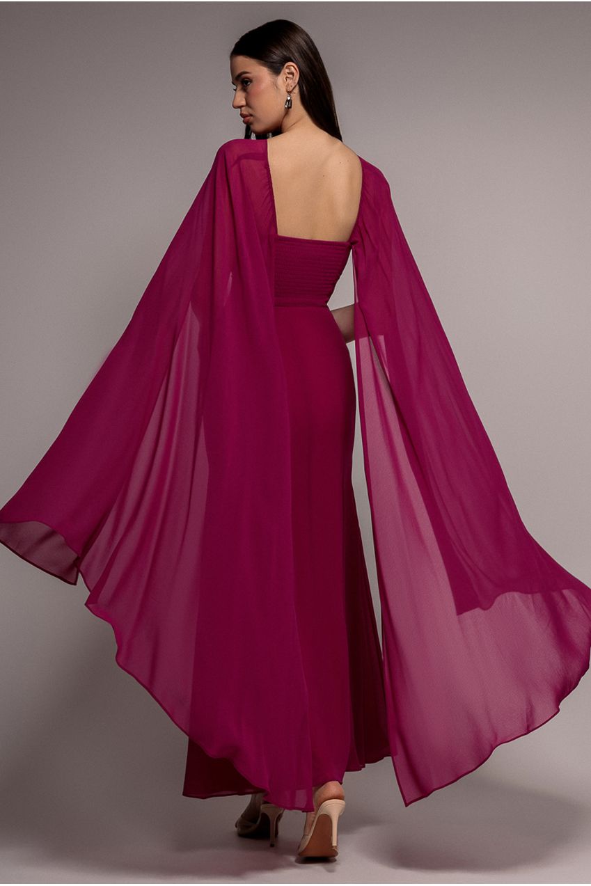 Multiway Cape Chiffon With Embellished Trim Maxi Dress - Magenta DR4924