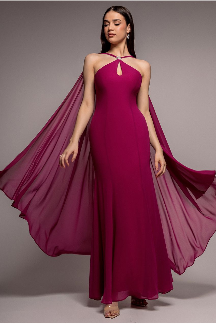 Multiway Cape Chiffon With Embellished Trim Maxi Dress - Magenta DR4924