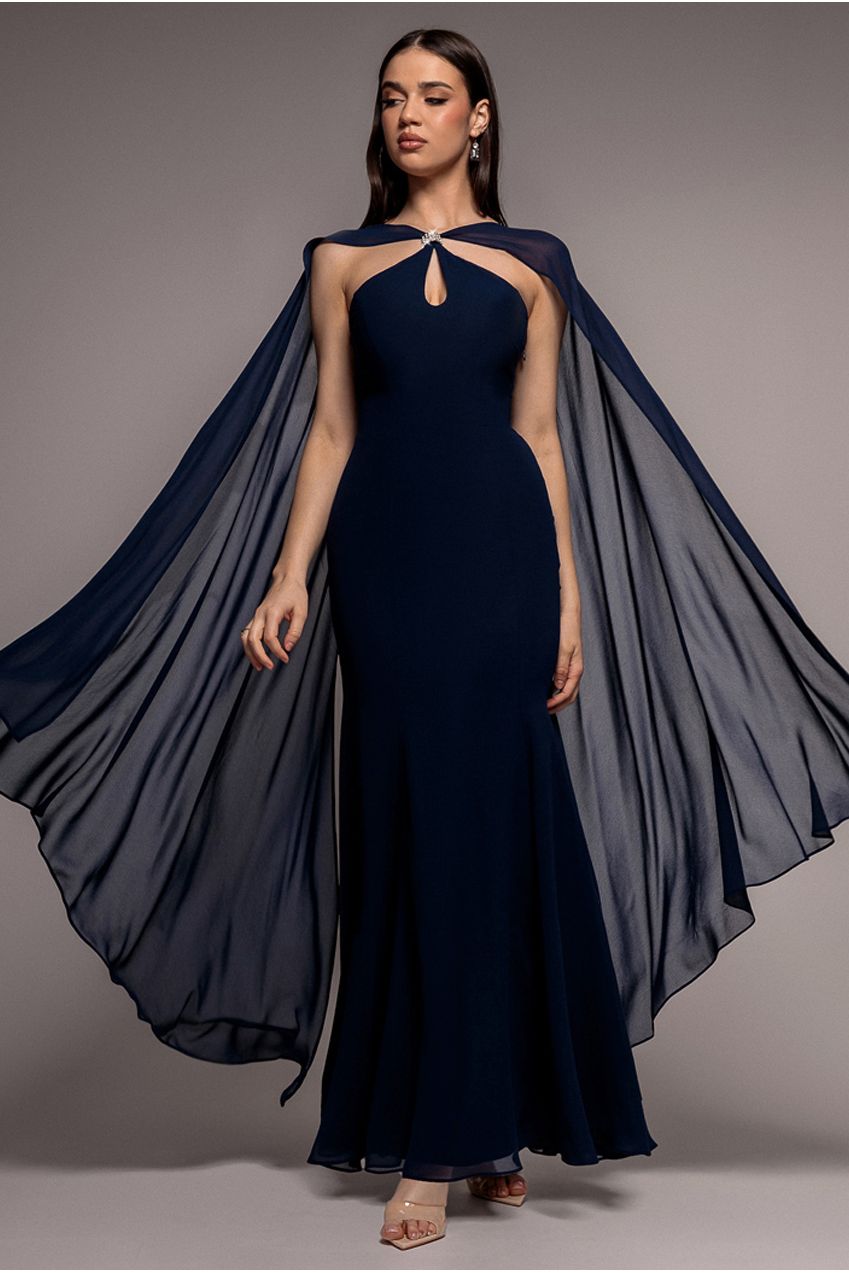 Multiway Cape Chiffon With Embellished Trim Maxi Dress - Navy Blue DR4924