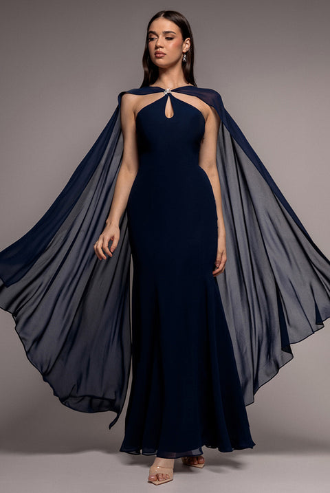 Multiway Cape Chiffon With Embellished Trim Maxi Dress - Navy Blue by Goddiva