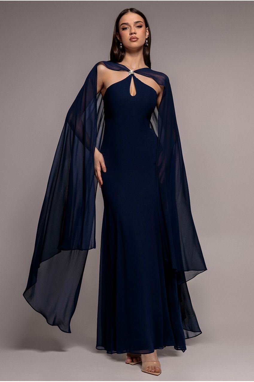 Multiway Cape Chiffon With Embellished Trim Maxi Dress - Navy Blue DR4924