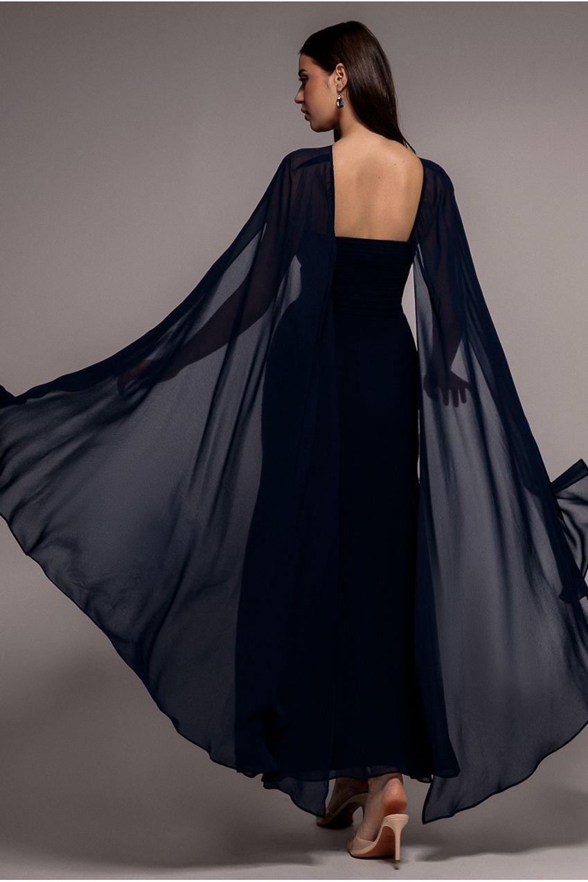 Multiway Cape Chiffon With Embellished Trim Maxi Dress - Navy Blue DR4924