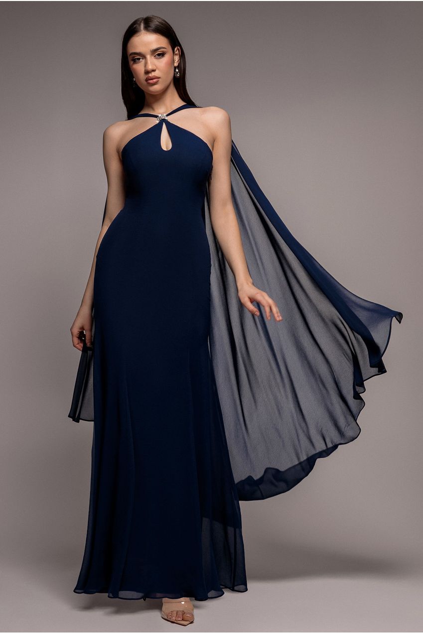 Multiway Cape Chiffon With Embellished Trim Maxi Dress - Navy Blue DR4924
