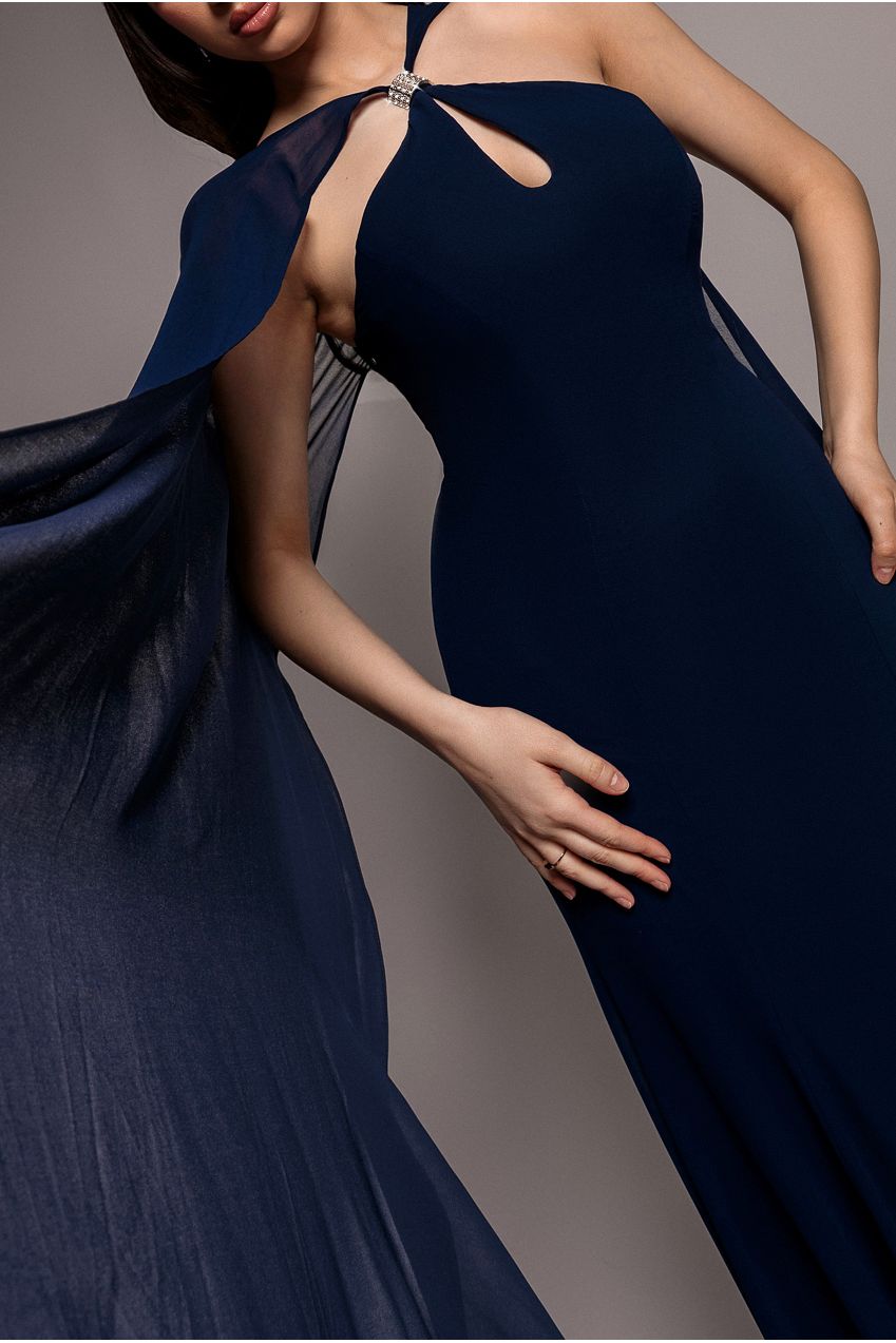 Multiway Cape Chiffon With Embellished Trim Maxi Dress - Navy Blue DR4924