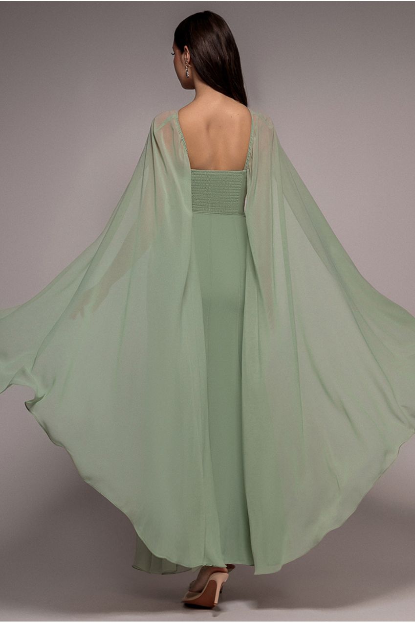 Multiway Cape Chiffon With Embellished Trim Maxi Dress - Sage Green DR4924