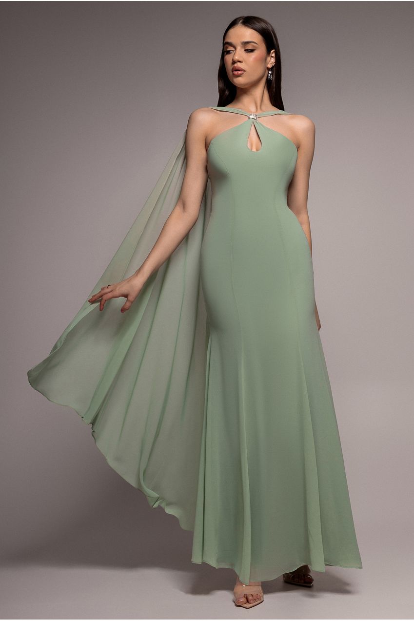 Multiway Cape Chiffon With Embellished Trim Maxi Dress - Sage Green DR4924