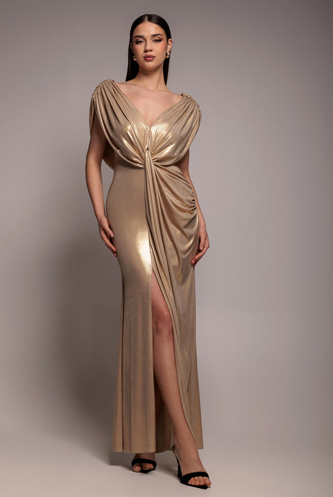 Cowl Plunge Draped Foil Maxi Dress - Gold by Goddiva
