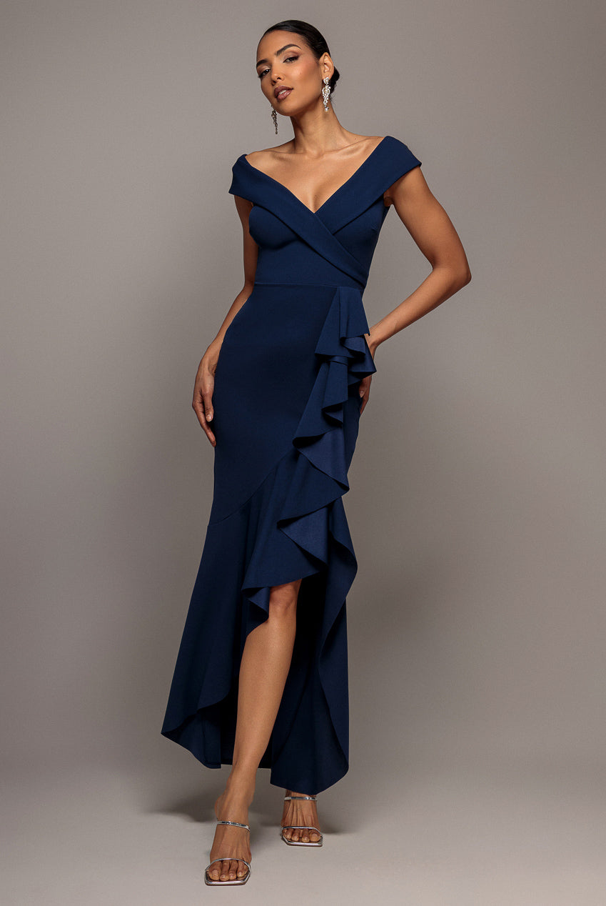 Off Shoulder Front Waterfall Frill Maxi Dress - Navy Blue DR4929BR
