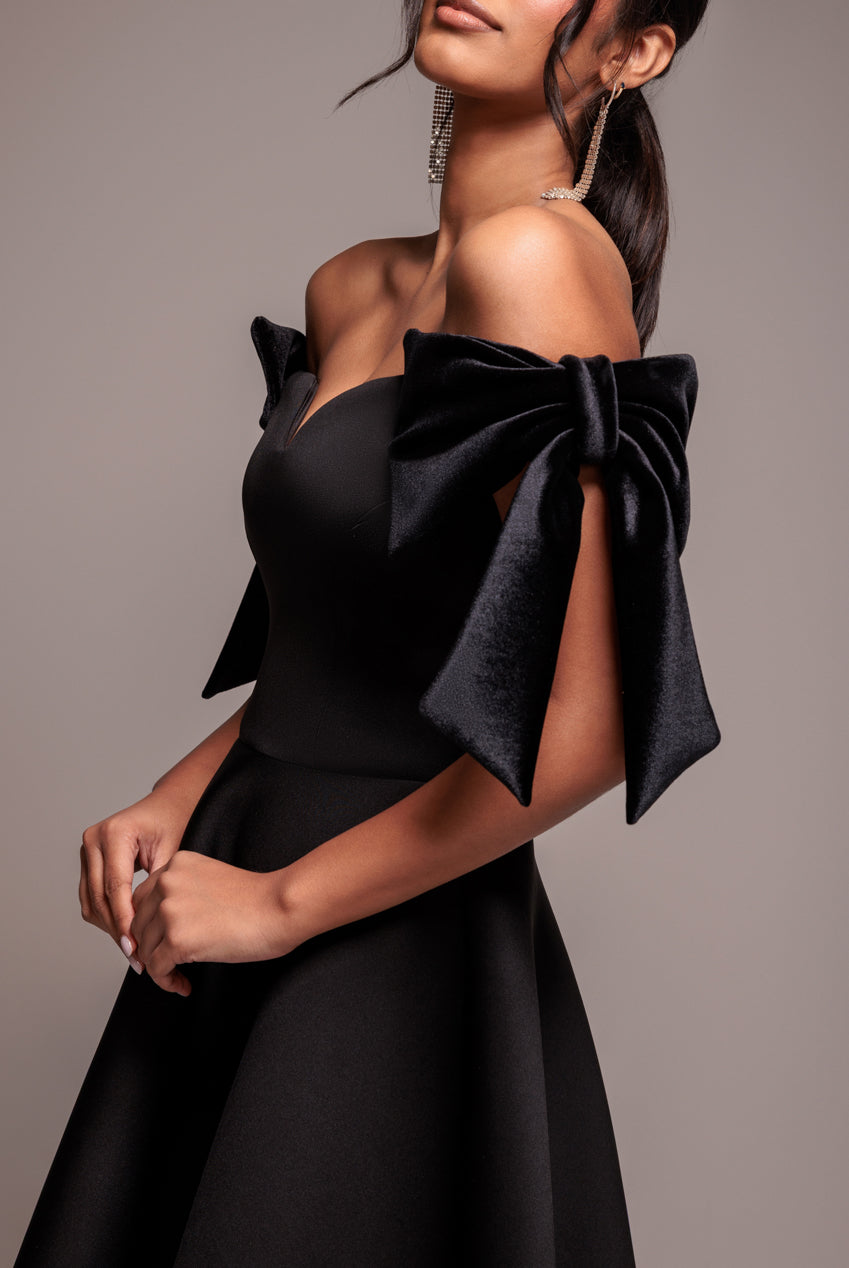 Scuba Off The Shoulder Velvet Bow Skater Midi Dress - Black DR4935
