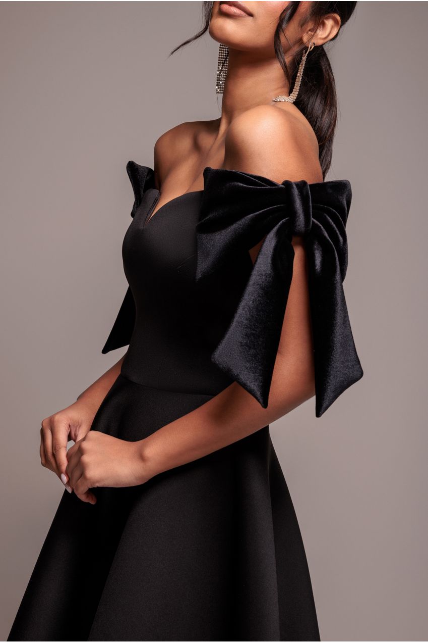 Scuba Off The Shoulder Velvet Bow Skater Midi Dress - Black DR4935