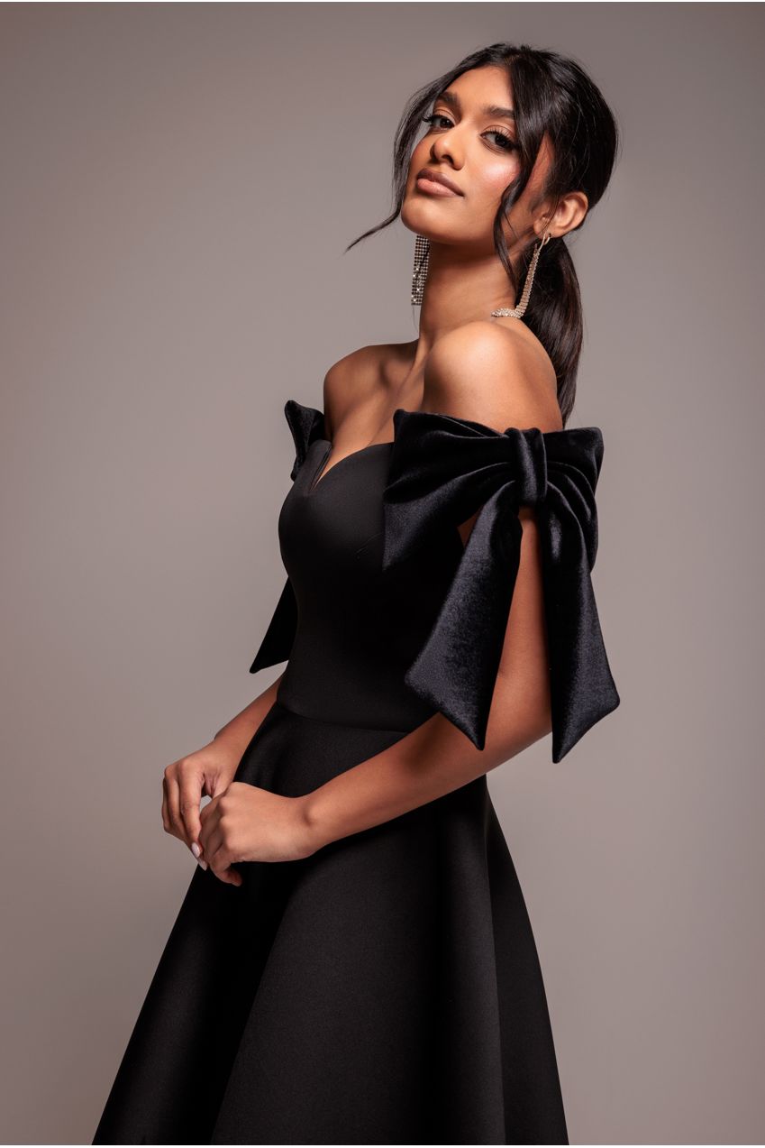 Scuba Off The Shoulder Velvet Bow Skater Midi Dress - Black DR4935