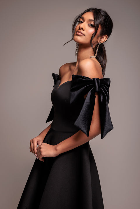 Scuba Off The Shoulder Velvet Bow Skater Midi Dress - Black by Goddiva