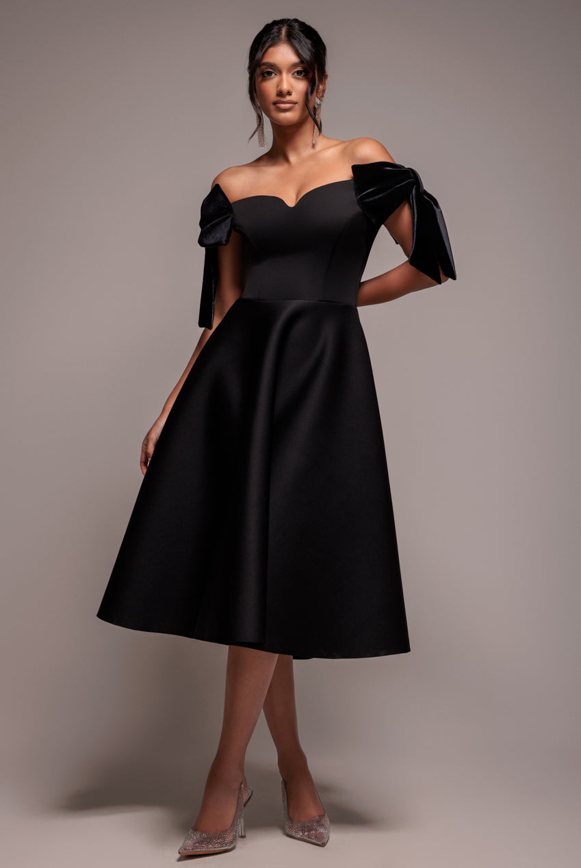 Scuba Off The Shoulder Velvet Bow Skater Midi Dress - Black DR4935