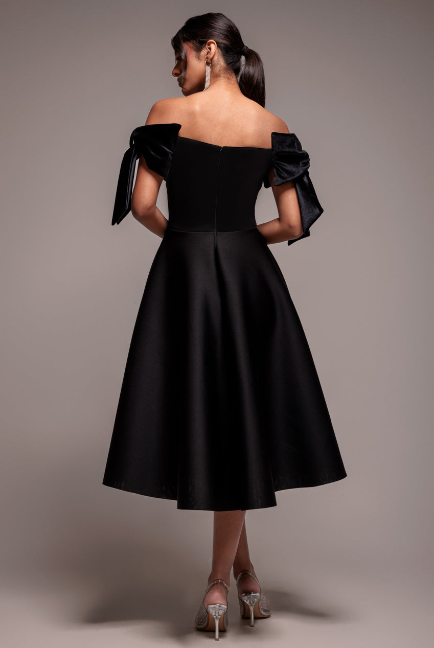 Scuba Off The Shoulder Velvet Bow Skater Midi Dress - Black DR4935