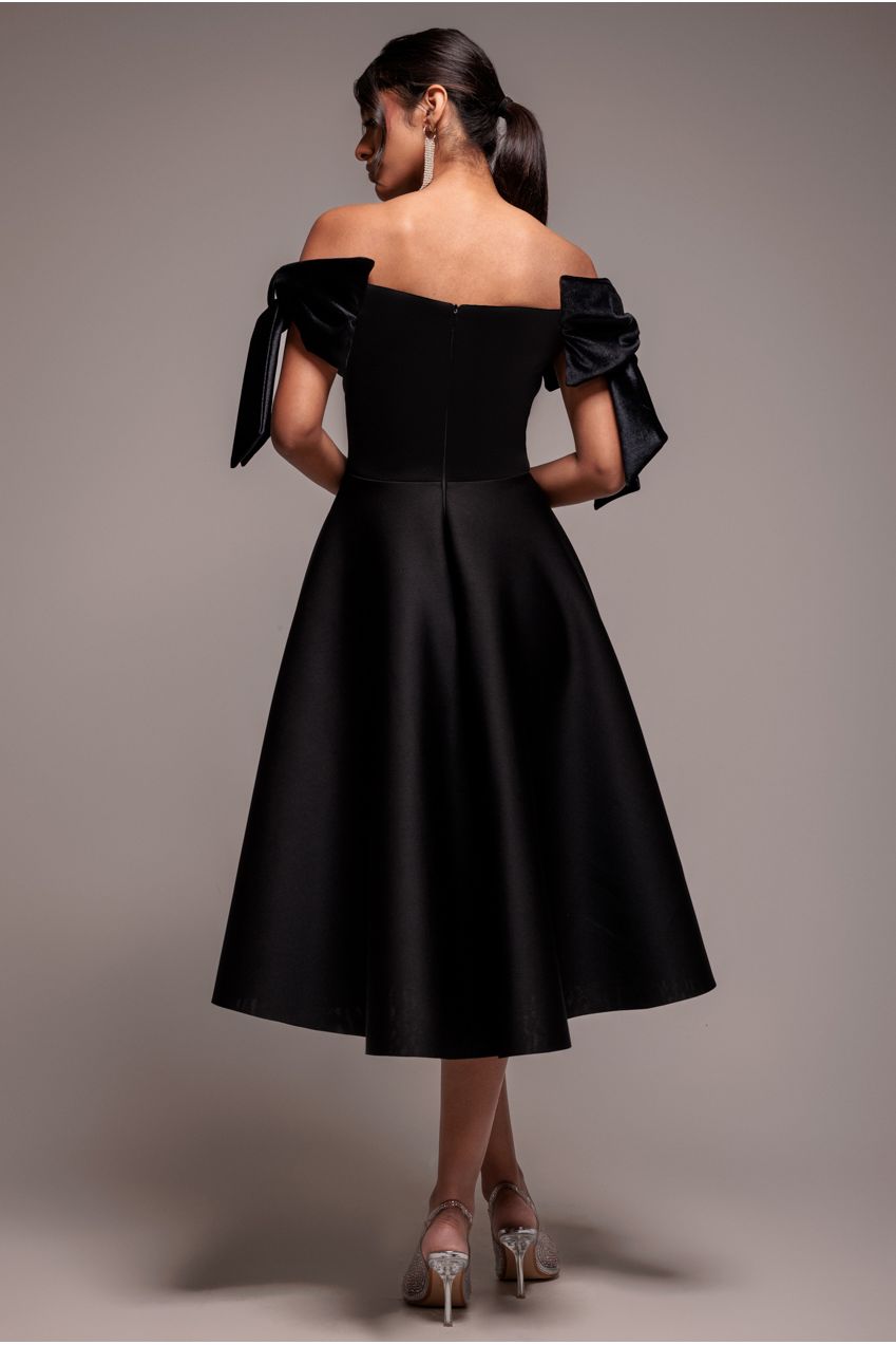 Scuba Off The Shoulder Velvet Bow Skater Midi Dress - Black DR4935