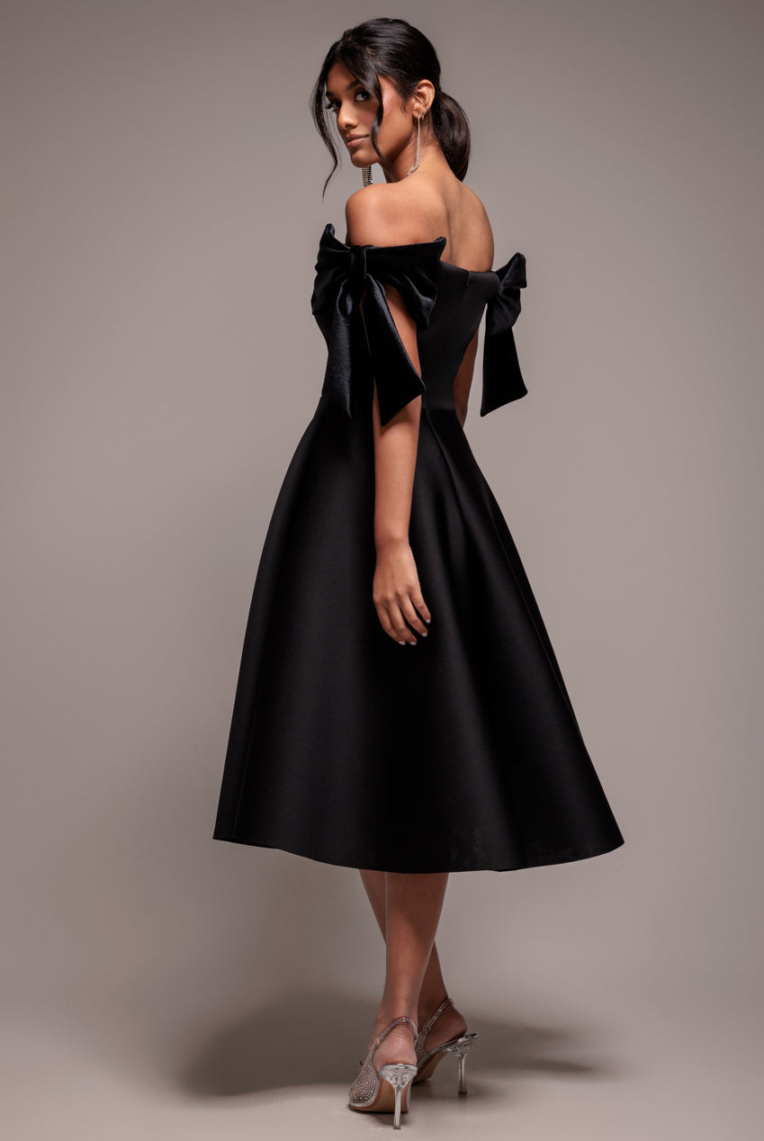 Scuba Off The Shoulder Velvet Bow Skater Midi Dress - Black DR4935