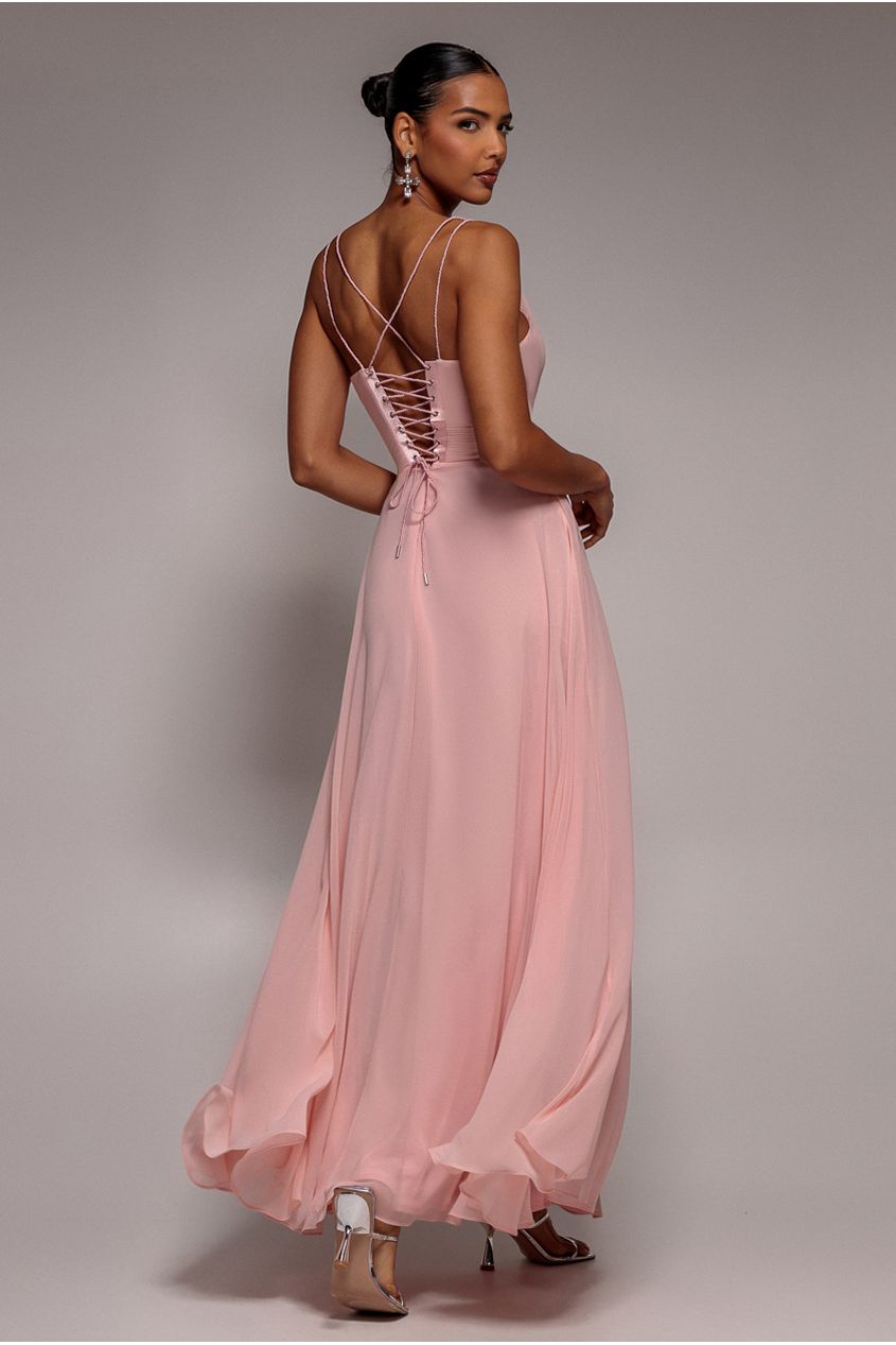 Chiffon Cowl Twisted Rope Strap Lace-up Flared Maxi Dress - Blush Pink DR4937