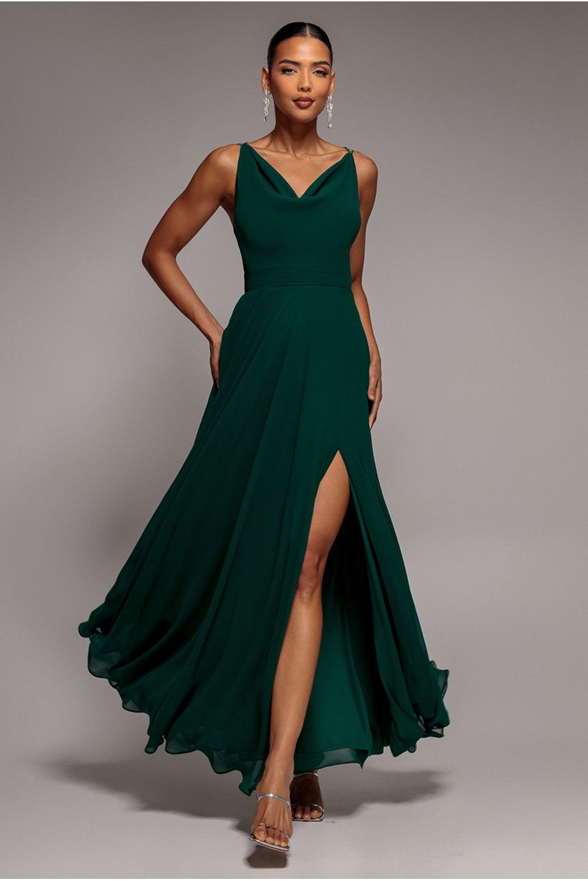 Chiffon Cowl Twisted Rope Strap Lace-up Flared Maxi Dress - Emerald Green