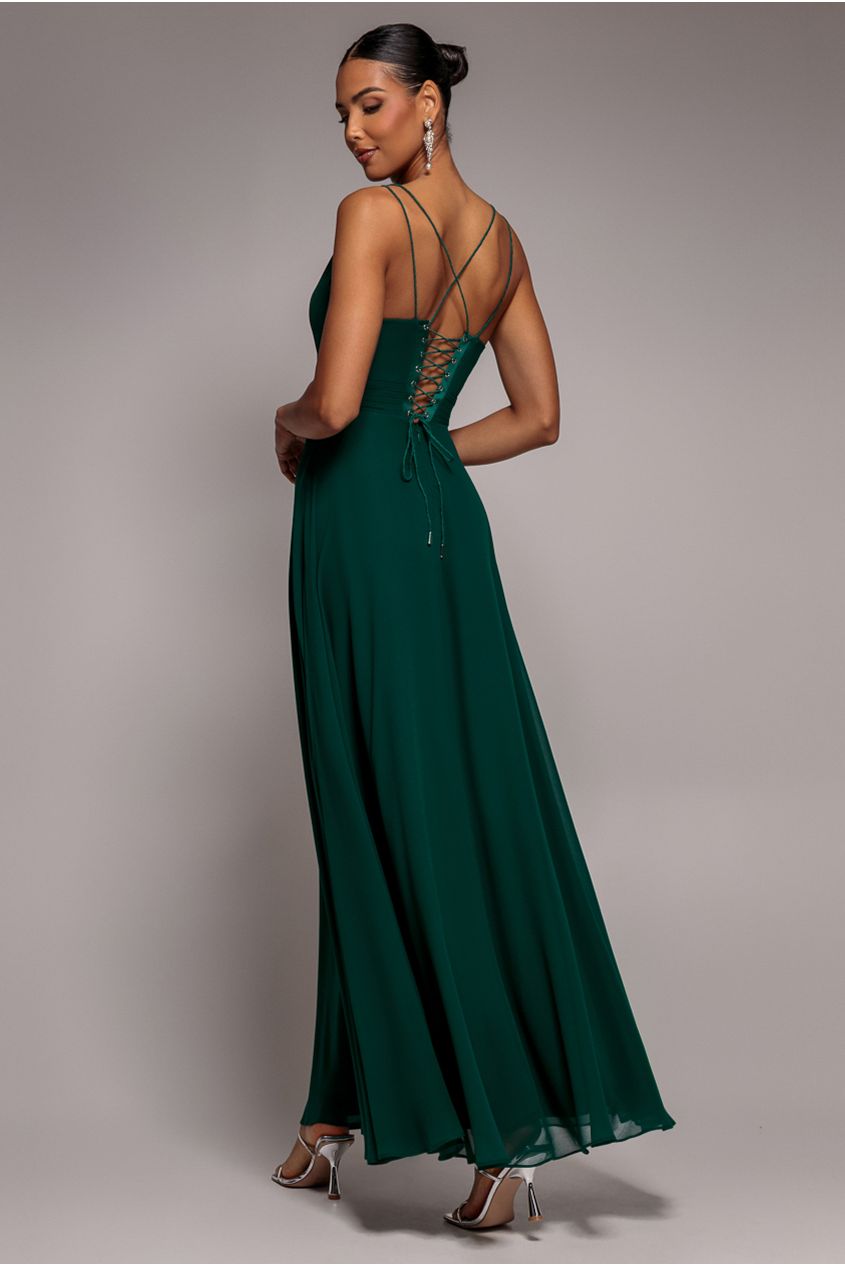 Chiffon Cowl Twisted Rope Strap Lace-up Flared Maxi Dress - Emerald Green DR4937