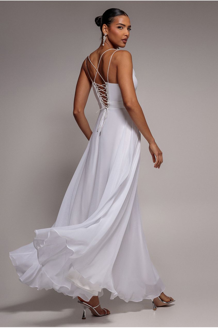 Chiffon Cowl Twisted Rope Strap Lace-up Flared Maxi Dress - Ivory DR4937