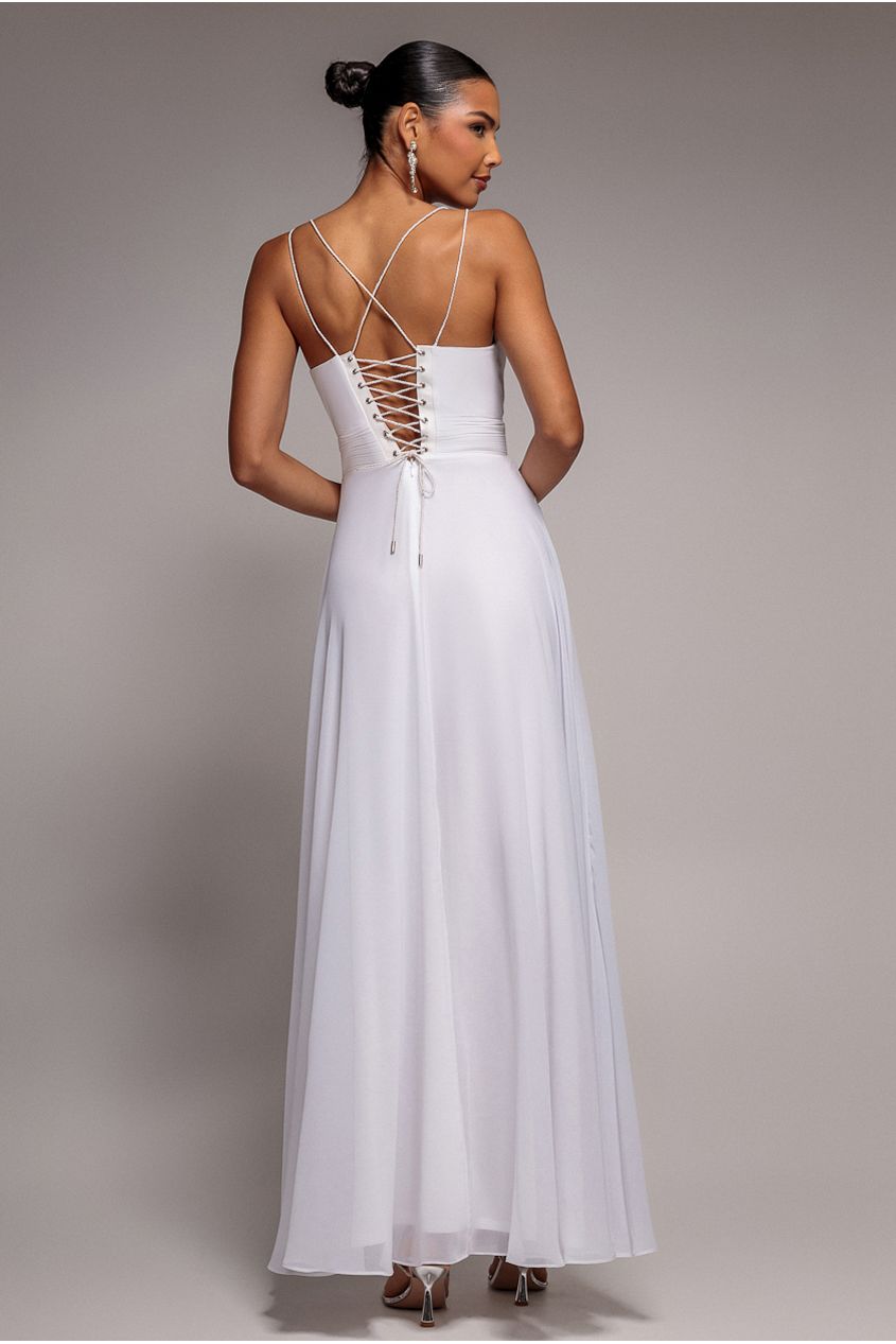 Chiffon Cowl Twisted Rope Strap Lace-up Flared Maxi Dress - Ivory DR4937