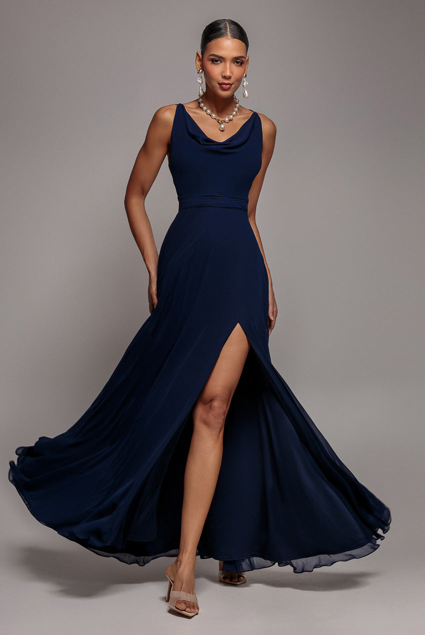 Chiffon Cowl Twisted Rope Strap Lace-up Flared Maxi Dress - Navy Blue | Goddiva Chiffon Cowl Twisted Rope Strap Lace-up Flared Maxi Dress - Navy Blue | Goddiva