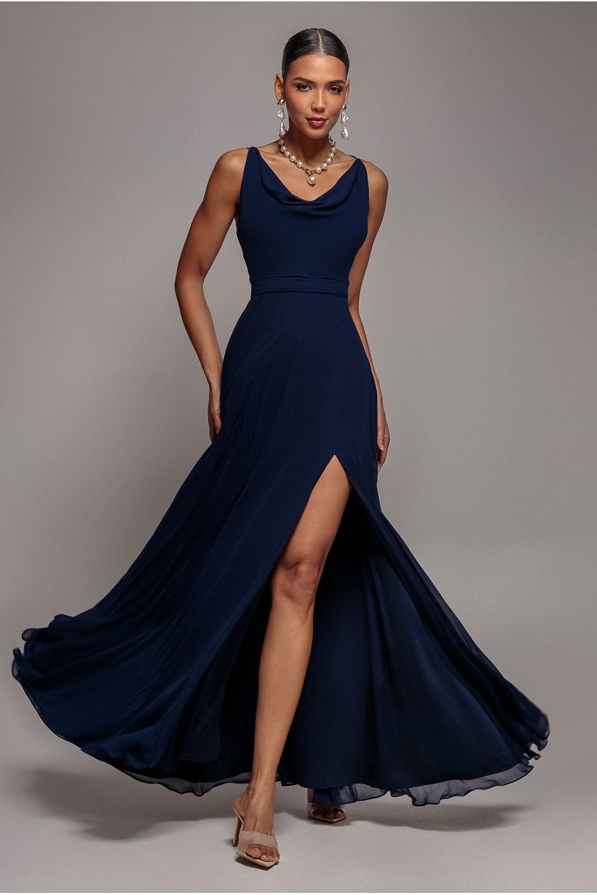 Chiffon Cowl Twisted Rope Strap Lace-up Flared Maxi Dress - Navy Blue DR4937