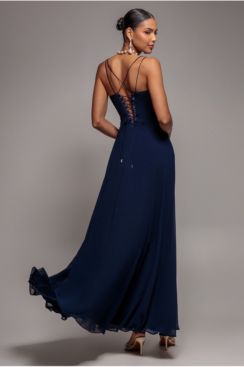 Chiffon Cowl Twisted Rope Strap Lace-up Flared Maxi Dress - Navy Blue DR4937