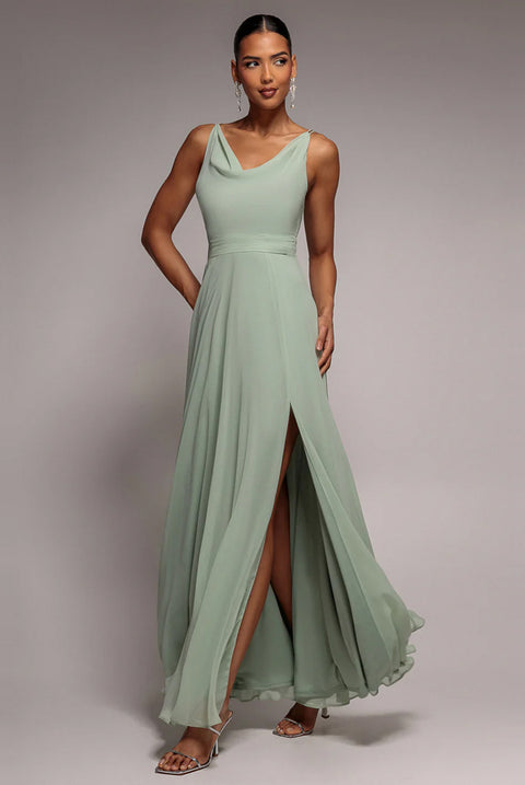 Chiffon Cowl Twisted Rope Strap Lace-up Flared Maxi Dress - Sage Green by Goddiva