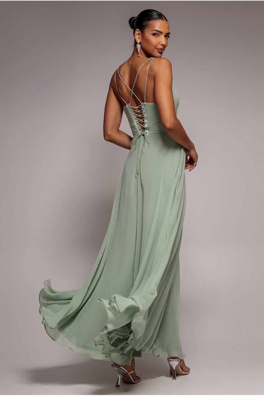 Chiffon Cowl Twisted Rope Strap Lace-up Flared Maxi Dress - Sage Green DR4937