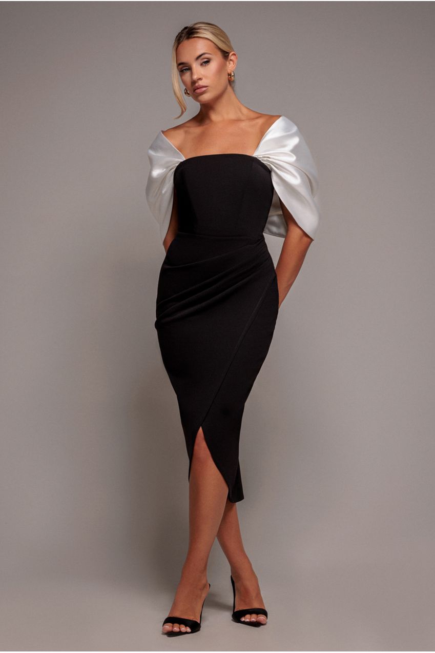 Contrast Off Shoulder Back Satin Bow Scuba Midi Dress - Black Cream DR4939