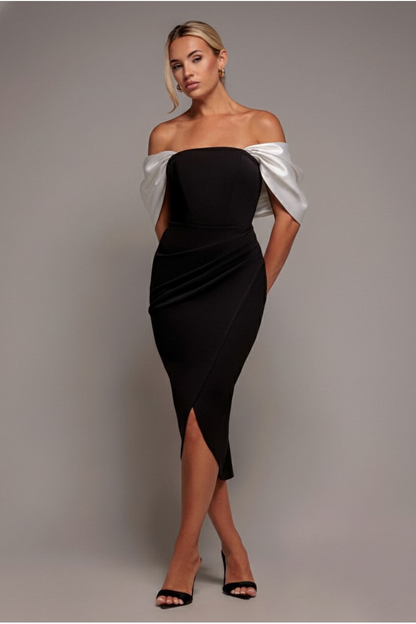 Contrast Off Shoulder Back Satin Bow Scuba Midi Dress - Black Cream DR4939